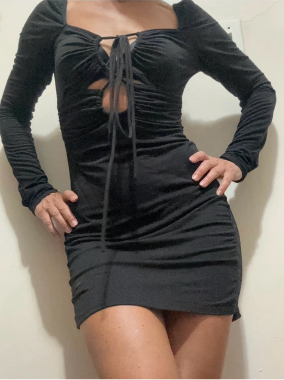 Fore Black Ruched Tie-Front Long Sleeve Mini Dress